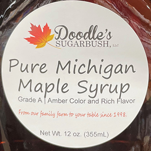 Doodle's maple syrup label with Michigan origin claim.