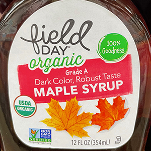 The Field Day maple syrup label from the 12 oz size.