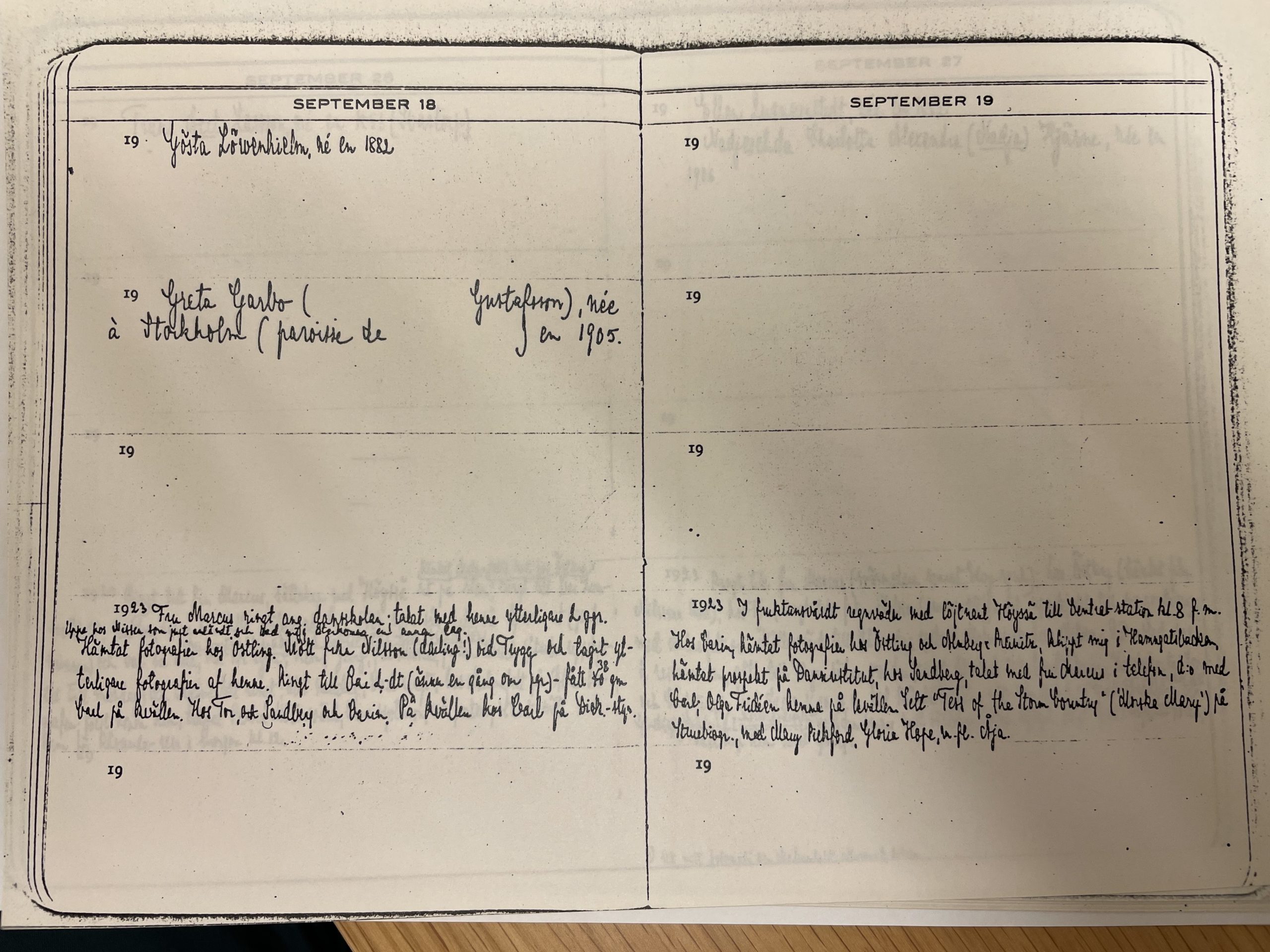 Ragnar Hyltén-Cavillius note Greta Garbo's birthday  using the Garbo name in his September 1923 datebook.